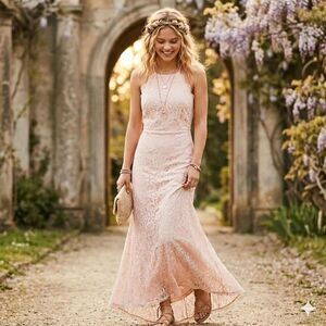 Ethereal Blush Marquis Lace Halter Gown | Coquette Fairycore Prom Formal size 8
